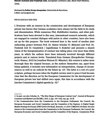 Reviewed publication: Reiner Schulze and Fryderyk Zoll, European Contract Law, Beck-Hart-Nomos, by Esther Arroyo