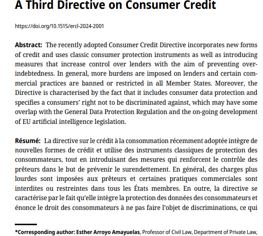 Article:  Esther ARROYO AMAYUELAS, A Third Directive on Consumer Credit. European Review of Contract Law, vol. 20, núm. 1, 1-24