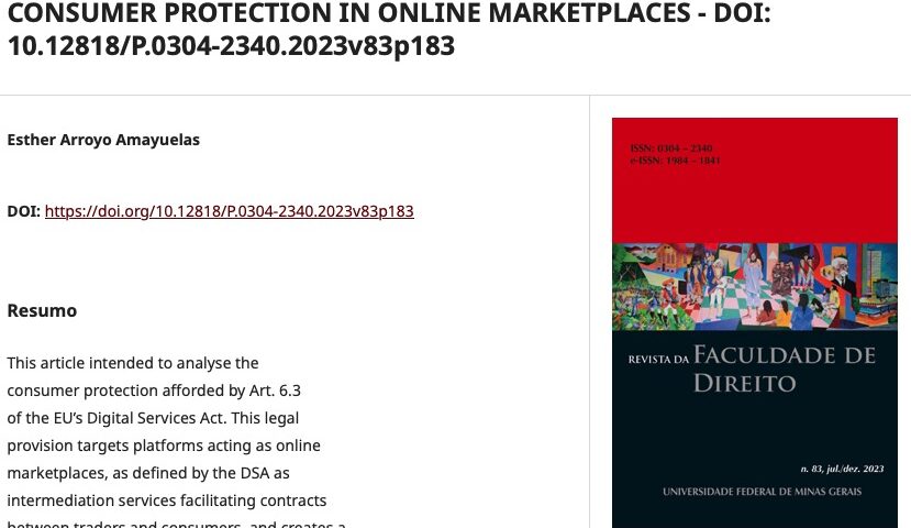 Artículo: Esther ARROYO AMAYUELAS, Consumer Protection in Online Marketplaces. Revista da Faculdade de Direito Universidade Federal de Minas Gerais, núm. 83, 183-195