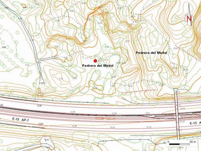 Localització de la pedrera en el mapa topogràfic de detall.