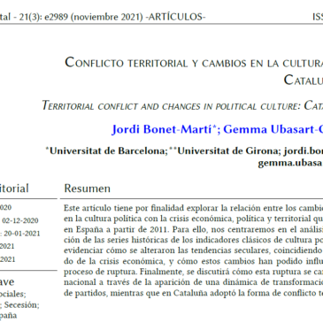 Nova publicació de Jordi Bonet: Conflicto Territorial y cambios en la cultura política: Cataluña-España