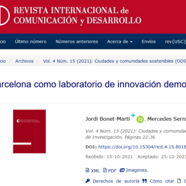 Nova publicació de Jordi Bonet: Barcelona como laboratorio de innovación democrática (2015-2020)