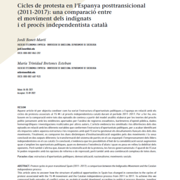 New publication by Jordi Bonet: Cycles of protest in post-transitional Spain (2011-2017): a comparison between the indignant movement and the Catalan independence process