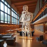 Escultura humana de llum dins d'una biblioteca