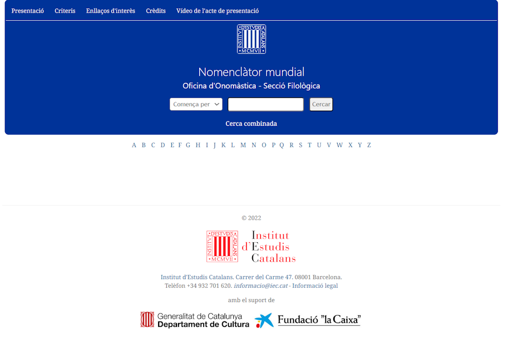 Pàgina inicial del Nomenclàtor mundial amb l’opció de cerca bàsica