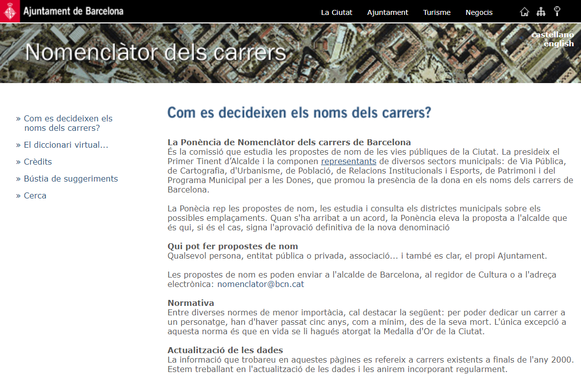 Pàgina inicial de la web del Nomenclàtor dels carrers