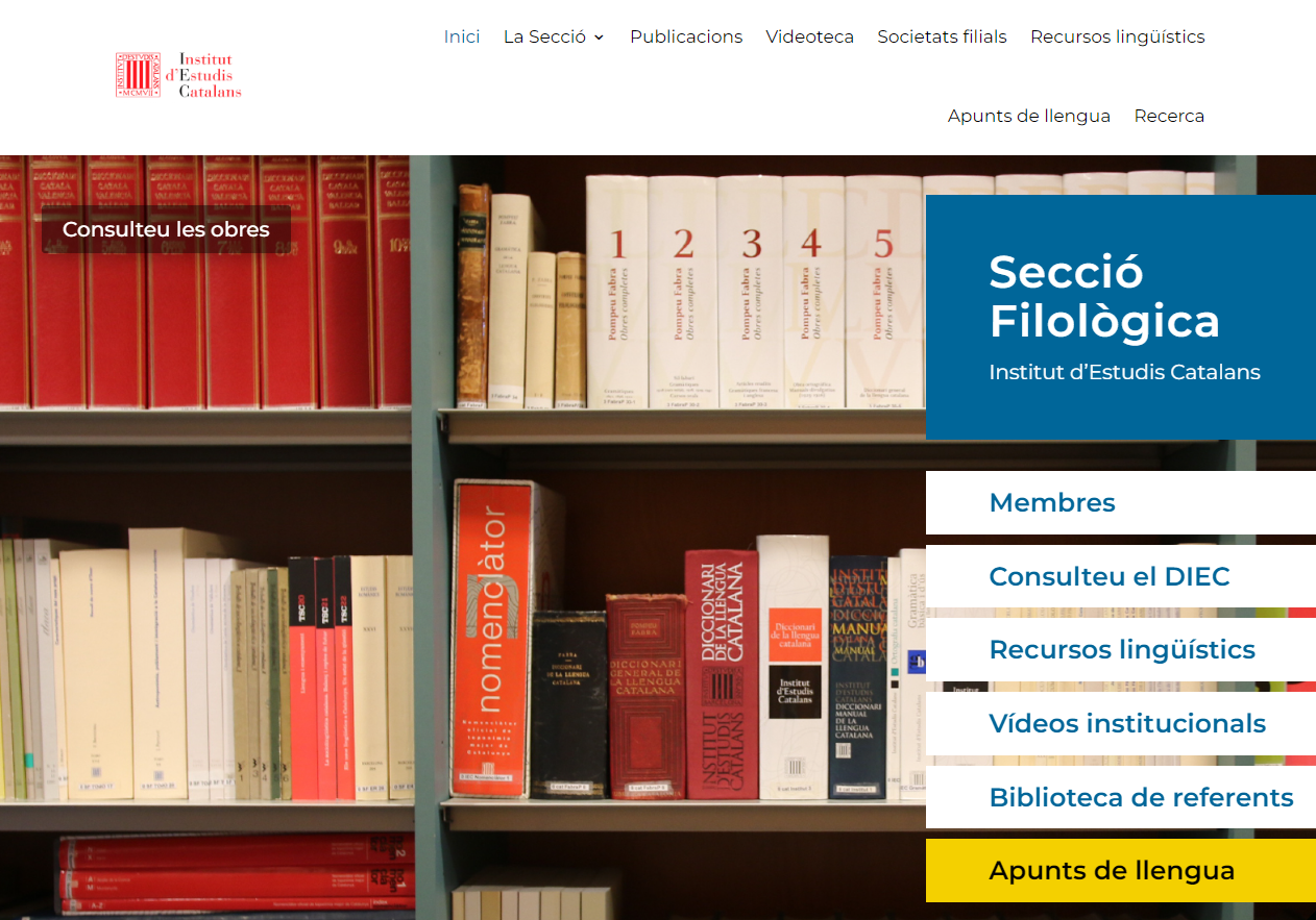 Pàgina inicial del nou web de la Secció Filològica de l'IEC