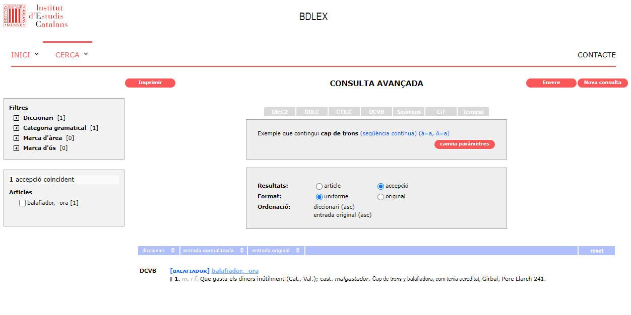 Resultats de la consulta avançada cap de trons en els exemples