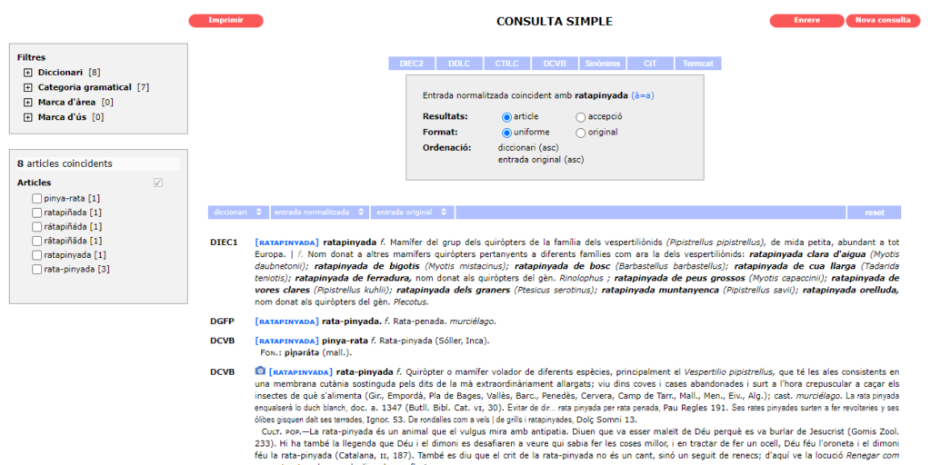 Resultats de la consulta simple de l’entrada normalitzada ratapinyada