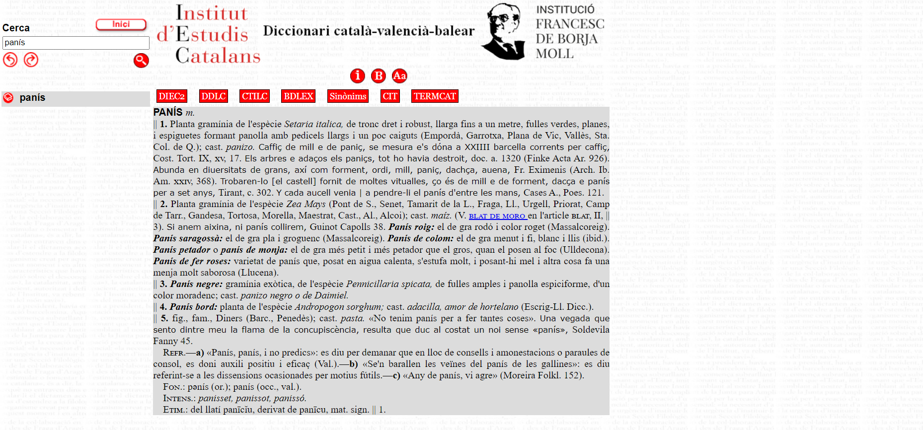 Resultat de la cerca panís al DCVB.