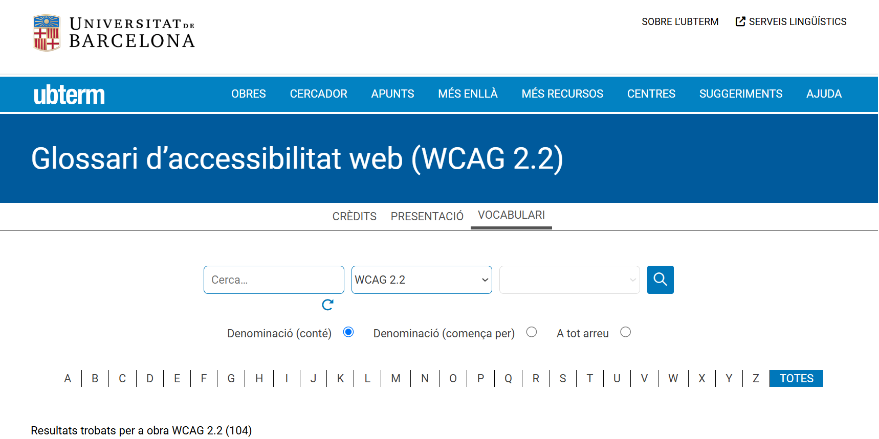 Capçalera del glossari, amb el cercador i les pestanyes de crèdits i presentació